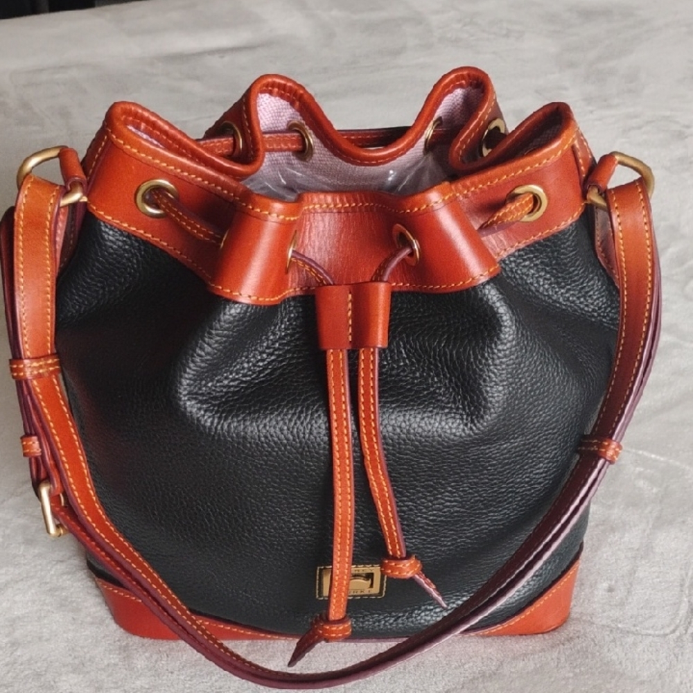 Dooney&burke Black and Brown Leather Bucket Drawstring Bag